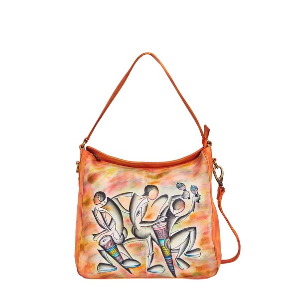 Ladies Hand-Painted Leather Orange Shoulder Tote Bag | Crossbody Sling Bag - Picture 1 of 9